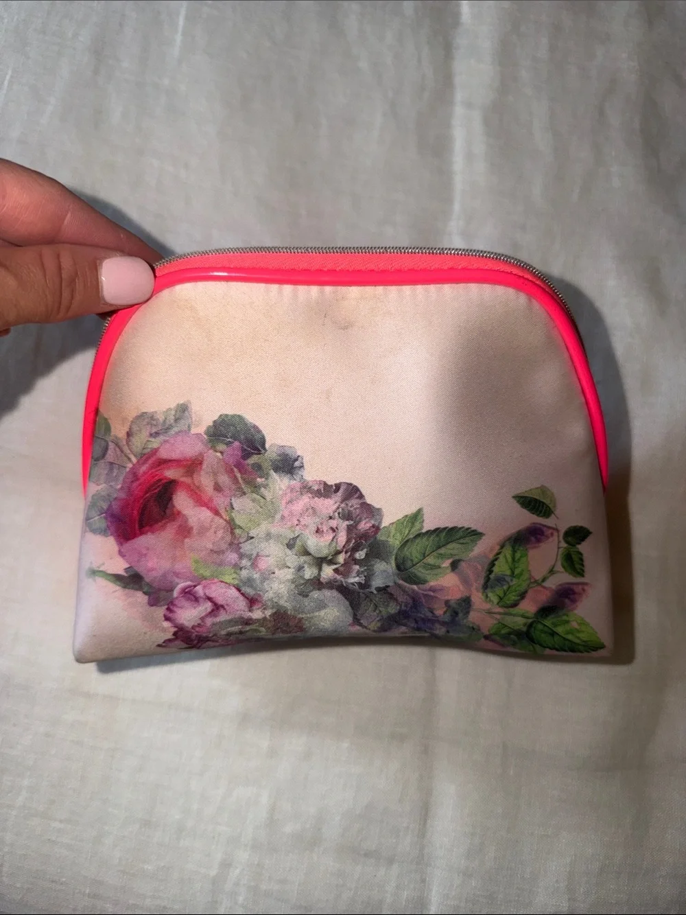 Ted Baker Pink Floral Cosmetic Pouch with Neon Trim